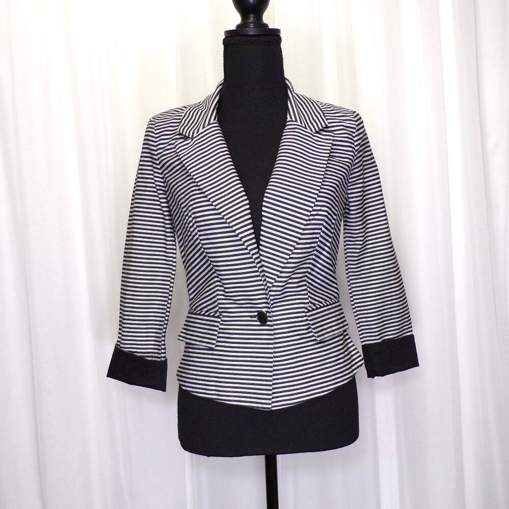 Blazer Jacket Womens SM Black White Striped Shoulder Pads Faux Pockets A Byer